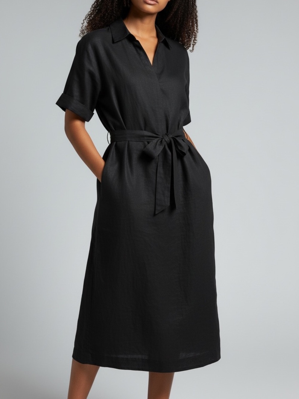 Banana Republic linen belted midi dress black small